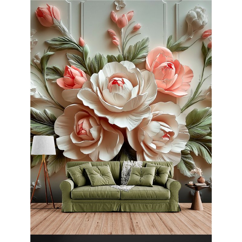 Фотообои Фреска 3D Розовые пионы с зелеными листьями 300x270