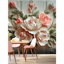 Фотообои Фреска 3D Розовые пионы с зелеными листьями 300x270