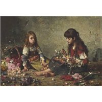 Портреты картины репродукции на заказ - Харламов Алексей «Две девочки с цветами»