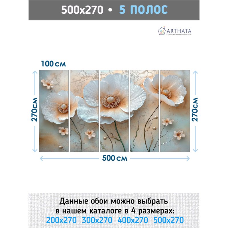 Фотообои 3D панорамные белые маки в цветочном поле 500x270