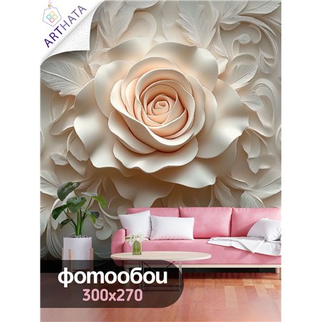 Фреска 3D Крупная бежевая роза в орнаменте 300x270