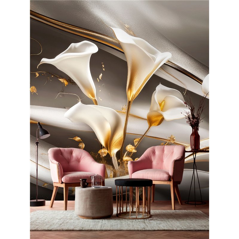 Фотообои 3D Белые лилии с золотыми стеблями 200x270