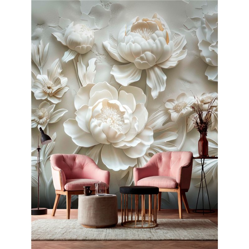Фотообои 3D Белые пионы барельеф для спальни 200x270