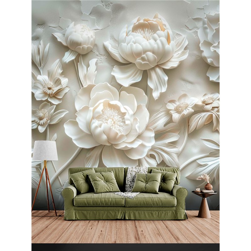 Фотообои 3D Белые пионы барельеф для спальни 200x270