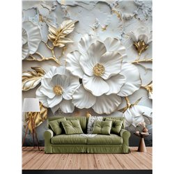 Фотообои Фреска 3D Белые цветы фарфор с золотыми листьями 300x270