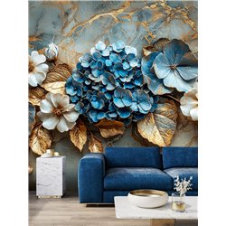 Фотообои 3D Голубая гортензия с золотыми листьями 200x270