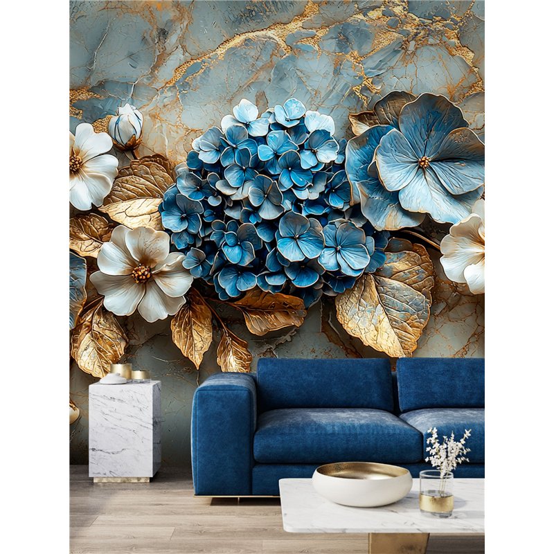 Фотообои 3D Голубая гортензия с золотыми листьями 200x270