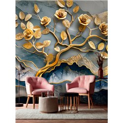Фотообои 3D Золотое дерево с розами для кухни 200x270