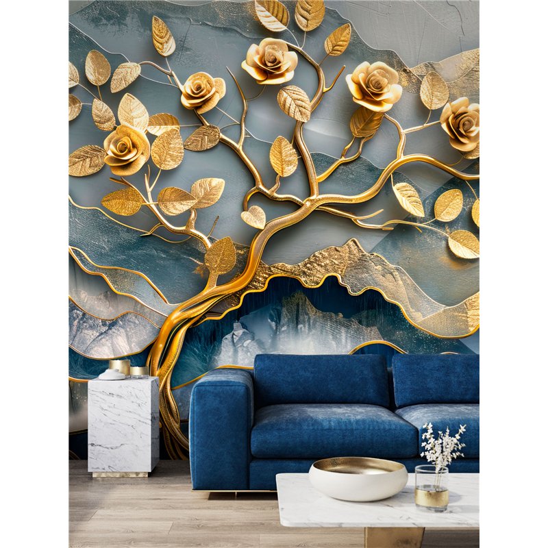 Фотообои 3D Золотое дерево с розами для кухни 200x270