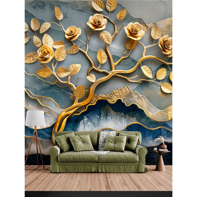 Фотообои 3D Золотое дерево с розами для кухни 200x270