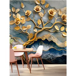 Фотообои 3D Золотое дерево с розами для кухни 200x270