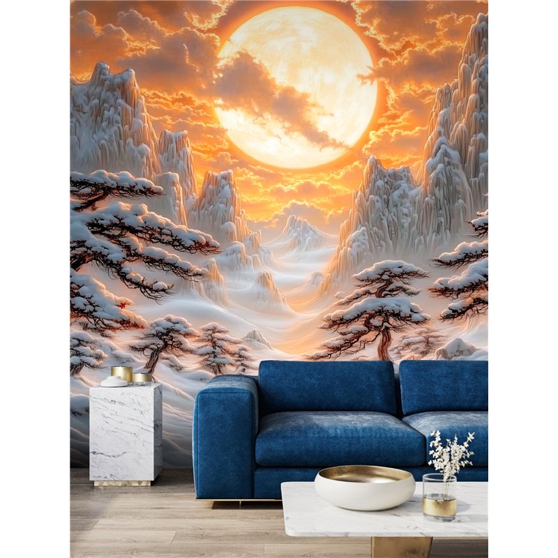 Фотообои 3D Зимний закат в горах для гостиной 200х270