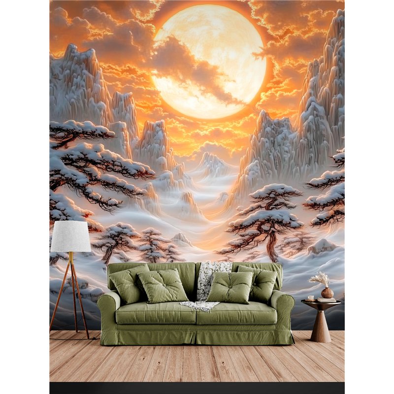 Фотообои 3D Зимний закат в горах для гостиной 200х270