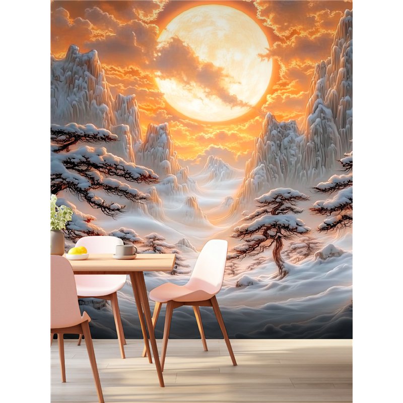 Фотообои 3D Зимний закат в горах для гостиной 200х270