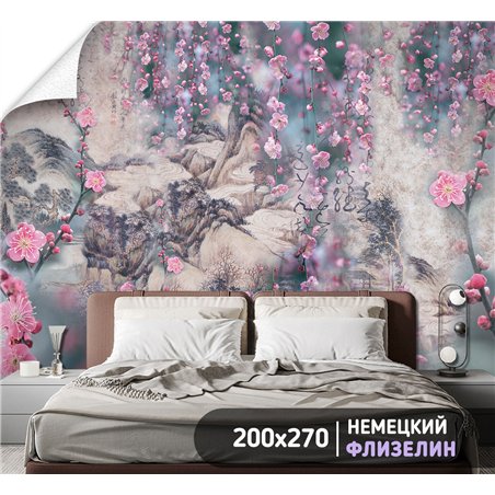 Фотообои Япония сакура надписи горы 200х270 см для декорирования стен в зале
