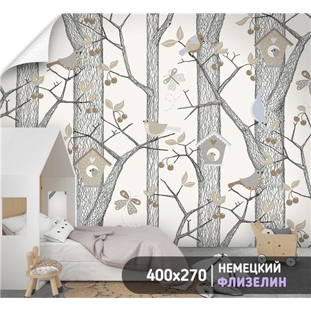 Фотообои для мальчика лес с птицами 400х270 см моющиеся