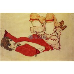 Женщина в красной блузке с поднятыми коленями - Модульная картины, Репродукции, Декоративные панно, Декор стен