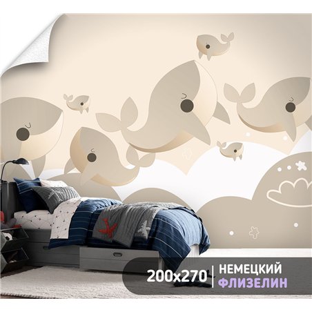 Фотообои в детскую морские жители киты 200х270 см для девочек для мальчиков