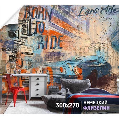 Фотообои в коридор граффити коллаж машина 300х270 см интерьерные