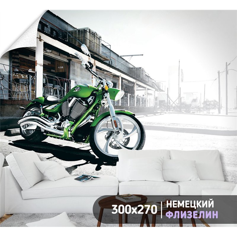 Фотообои метровые зеленый мотоцикл 300х270 см для оформления стен в гостиной