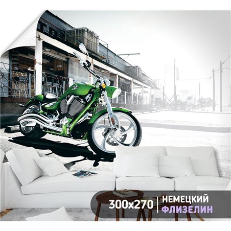 Фотообои метровые зеленый мотоцикл 300х270 см для оформления стен в гостиной