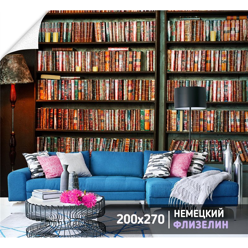 Фотообои книжные полки 200х270 см интерьерные