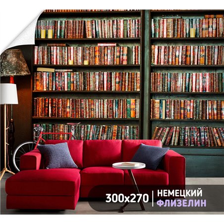 Фотообои книжные полки 300х270 см флизелиновые с виниловым покрытием