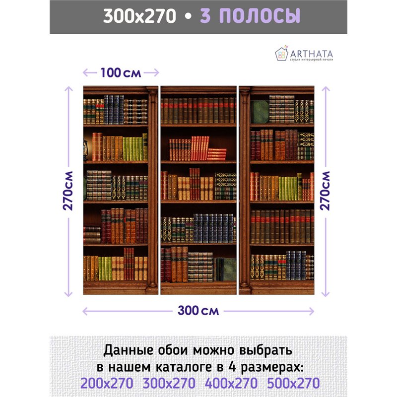 Фотообои книжные полки 300х270 см для оформления стен в гостиной