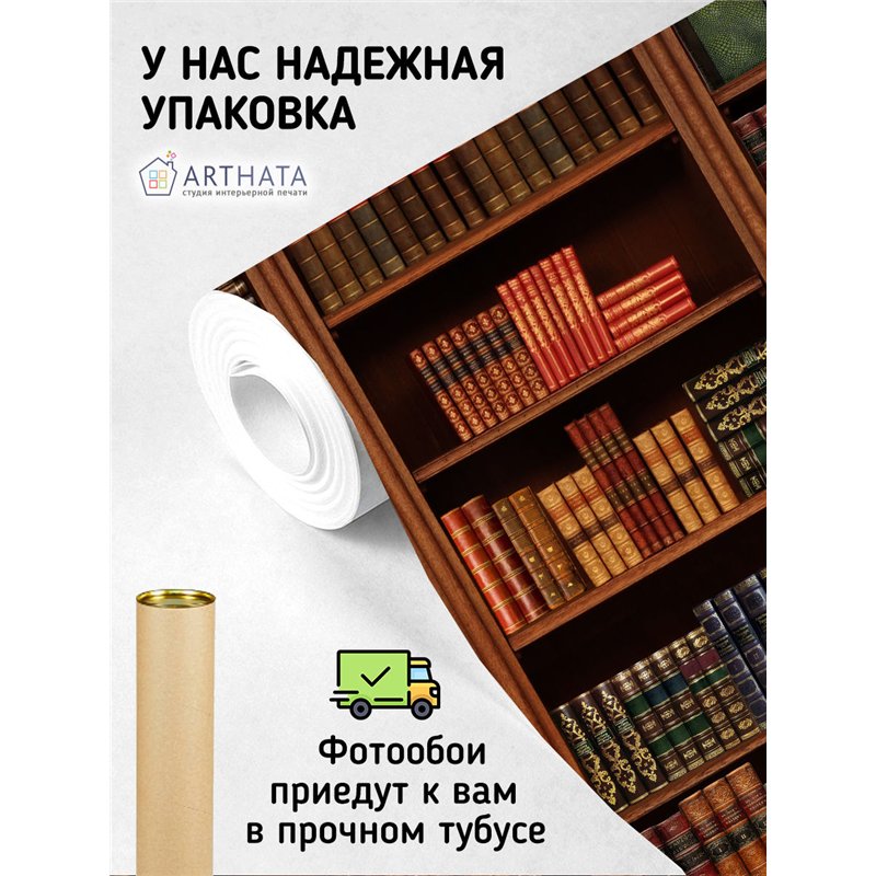 Фотообои книжные полки 300х270 см для оформления стен в гостиной