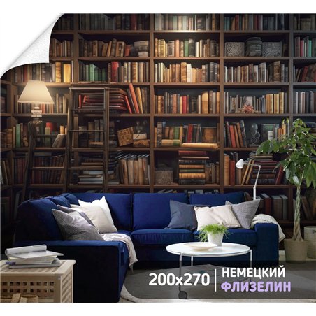 Фотообои книжные полки 200х270 см для спальни
