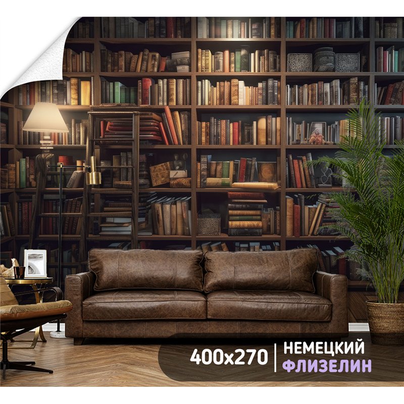 Фотообои книжные полки 400х270 см для декорирования стен в зале