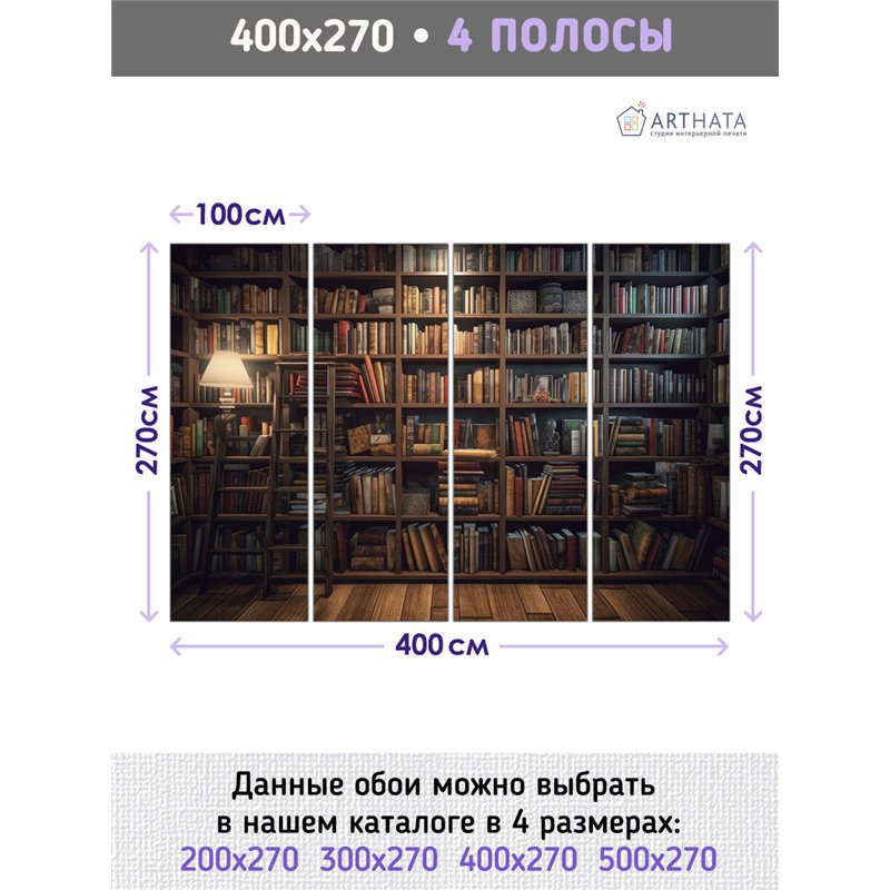 Фотообои книжные полки 400х270 см для декорирования стен в зале