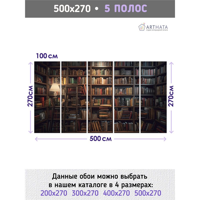 Фотообои книжные полки 500х270 см для оформления стен в гостиной