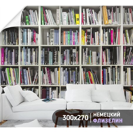 Фотообои белые книжные полки 300х270 см интерьерные