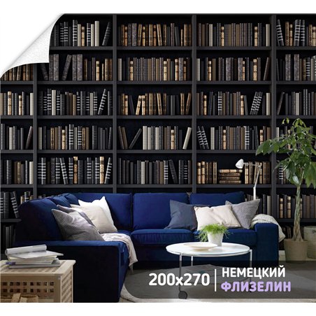 Фотообои черные книжные полки 200х270 см для коридора