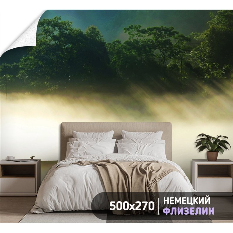 Фотообои Лес в тумане с засветом 500х270 см для стен в зале
