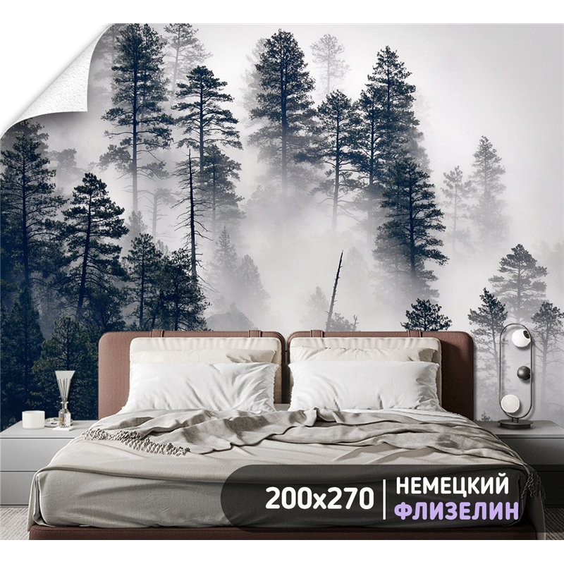 Фотообои Сосновый лес в тумане 200х270 см для стен в гостиной