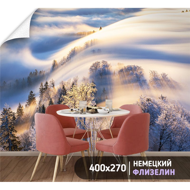 Фотообои Зимний лес в солнечных лучах 400х270 см для оформления стен в гостиной