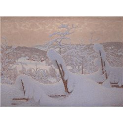 Зимний пейзаж с забором, занесенным снегом - Модульная картины, Репродукции, Декоративные панно, Декор стен