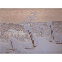 Портреты картины репродукции на заказ - Зимний пейзаж с забором, занесенным снегом