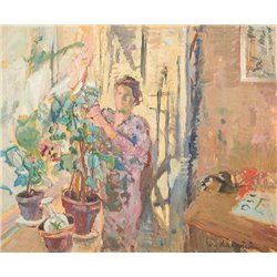 Женщина у окна с цветами - Модульная картины, Репродукции, Декоративные панно, Декор стен