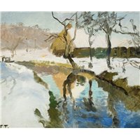 Портреты картины репродукции на заказ - Зимний пейзаж с фермой на реке