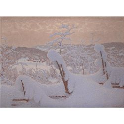 Зимний пейзаж с забором, занесенным снегом