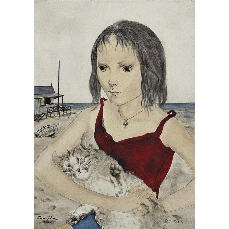 Девушка с кошкой на берегу моря