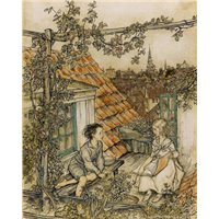 Портреты картины репродукции на заказ - Кай и Герда в их садике на крыше