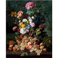 Портреты картины репродукции на заказ - Натюрморт с цветами и фруктами на фоне леса