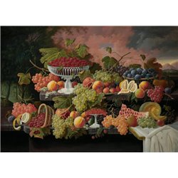 Натюрморт с фруктами на фоне закатного пейзажа - Модульная картины, Репродукции, Декоративные панно, Декор стен