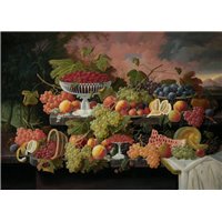 Портреты картины репродукции на заказ - Натюрморт с фруктами на фоне закатного пейзажа