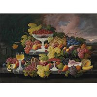 Натюрморт с фруктами на фоне закатного пейзажа