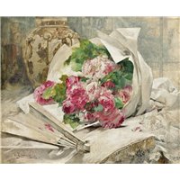Портреты картины репродукции на заказ - Букет цветов с вазой и веером